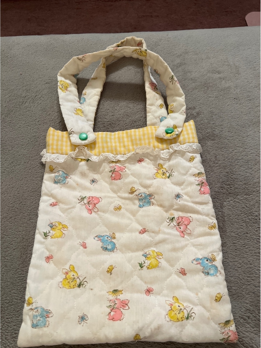 Handmade Quilted Tote Bag with Bunny Print and Yellow Gingham Lining